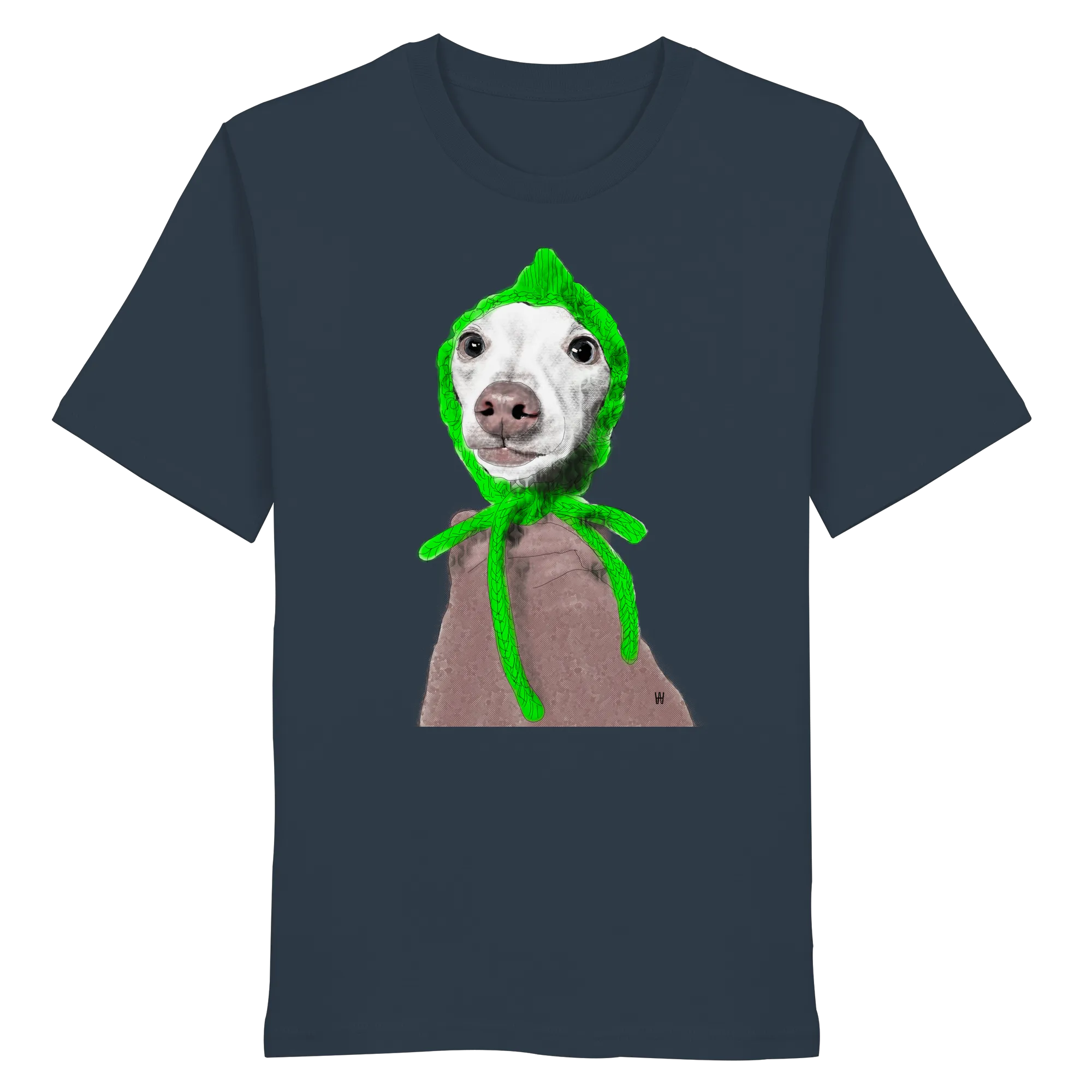 Handgezeichnete Iggy-Illustration "Geduldig" auf einem dunkelblaugrauen Bio-T-Shirt