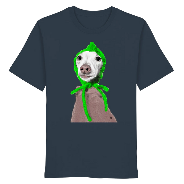 Handgezeichnete Iggy-Illustration "Geduldig" auf einem dunkelblaugrauen Bio-T-Shirt