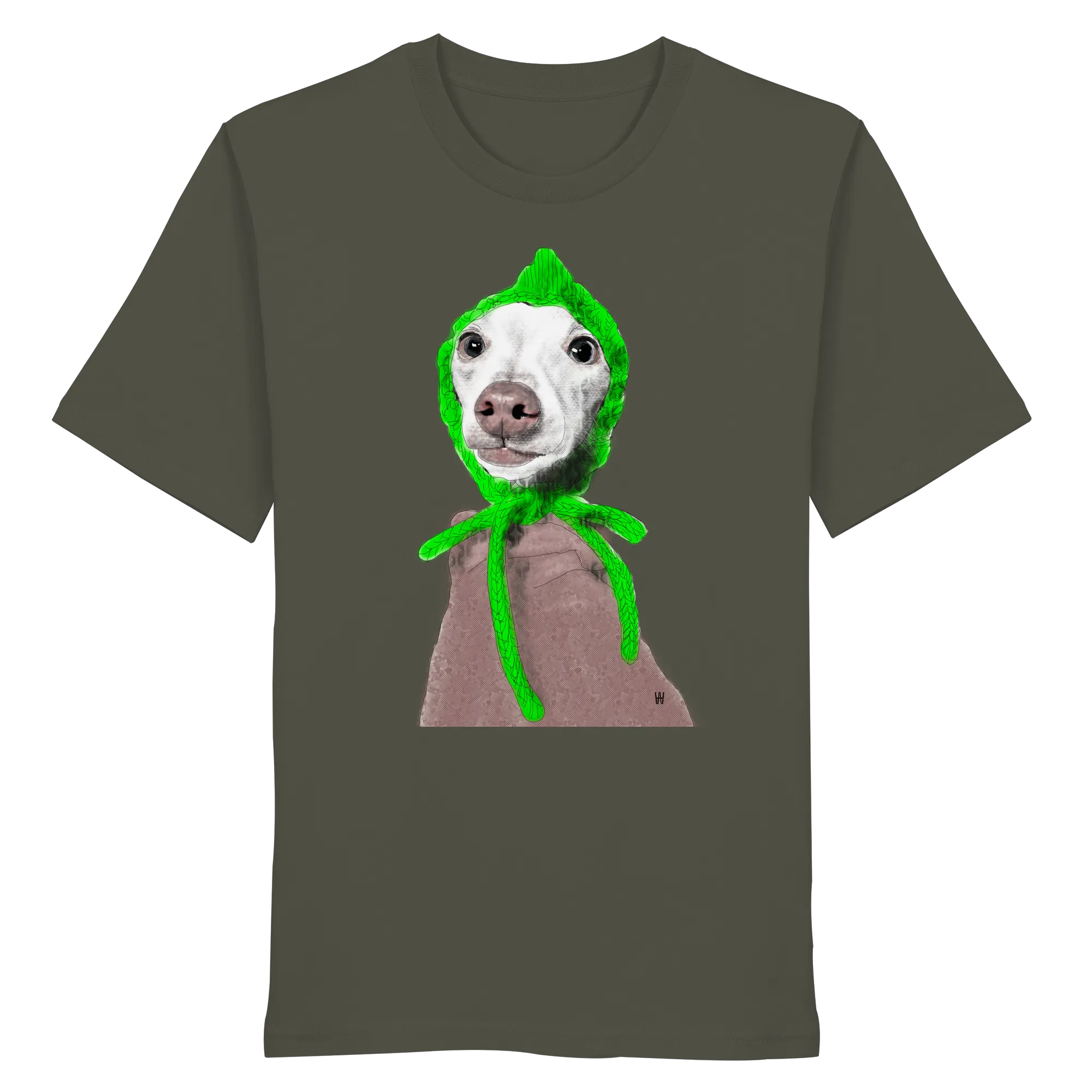 Handgezeichnete Iggy-Illustration "Geduldig" auf einem Bio-T-Shirt in Khaki