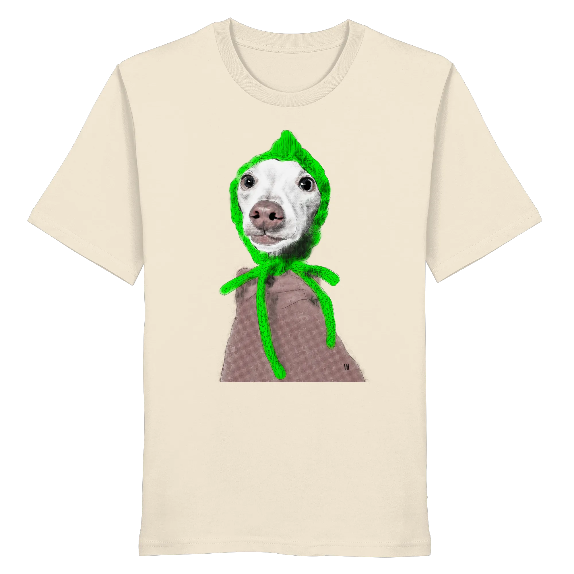 Handgezeichnete Iggy-Illustration "Geduldig" auf einem cremeweißen Bio-T-Shirt