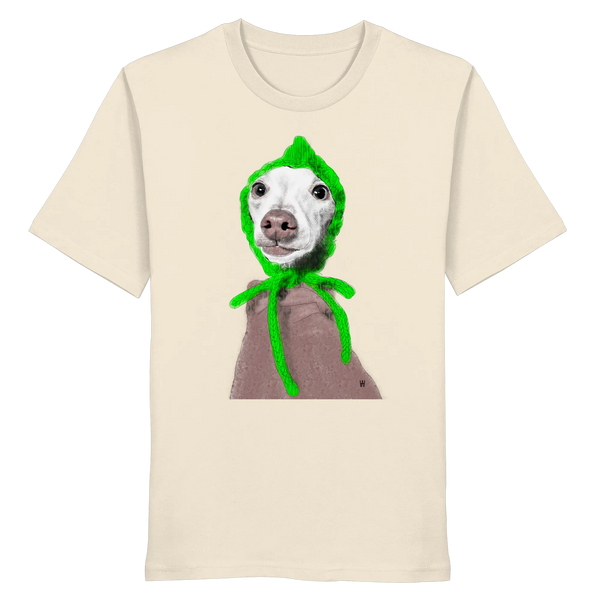 Handgezeichnete Iggy-Illustration "Geduldig" auf einem cremeweißen Bio-T-Shirt