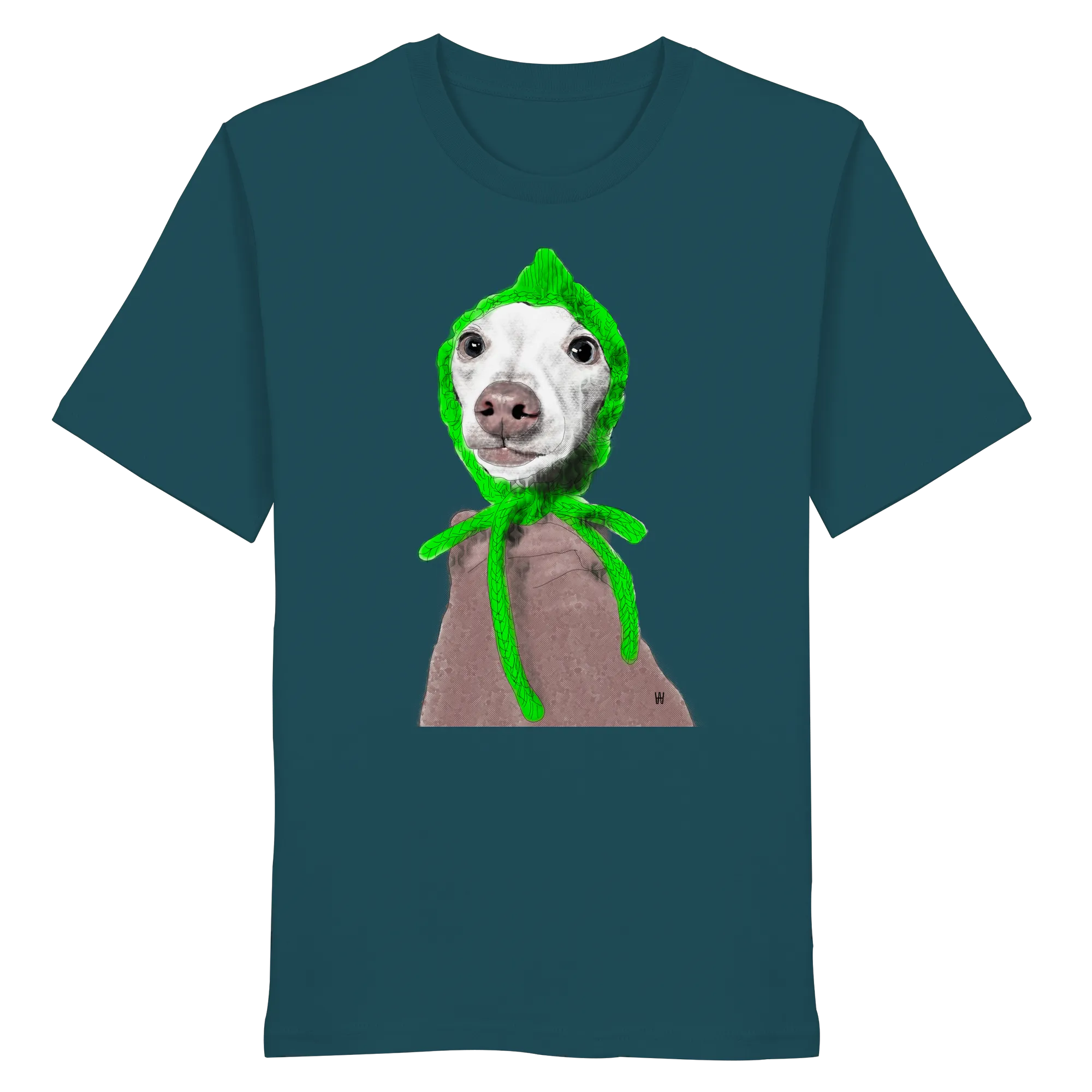 Handgezeichnete Iggy-Illustration "Geduldig" auf einem Bio-T-Shirt in Petrol