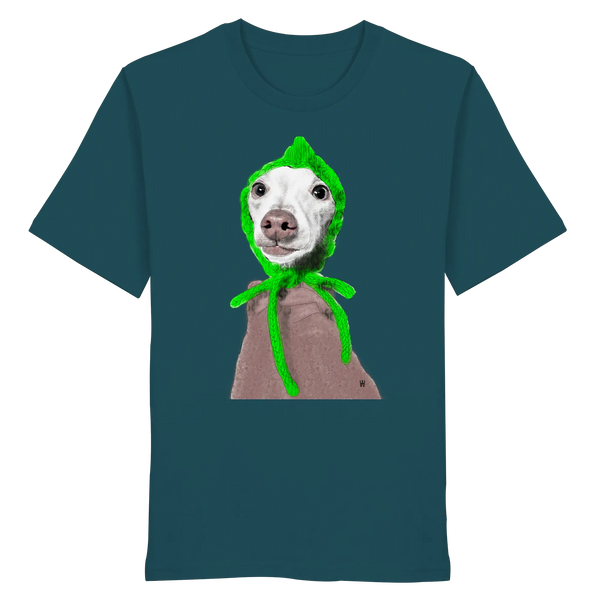 Handgezeichnete Iggy-Illustration "Geduldig" auf einem Bio-T-Shirt in Petrol
