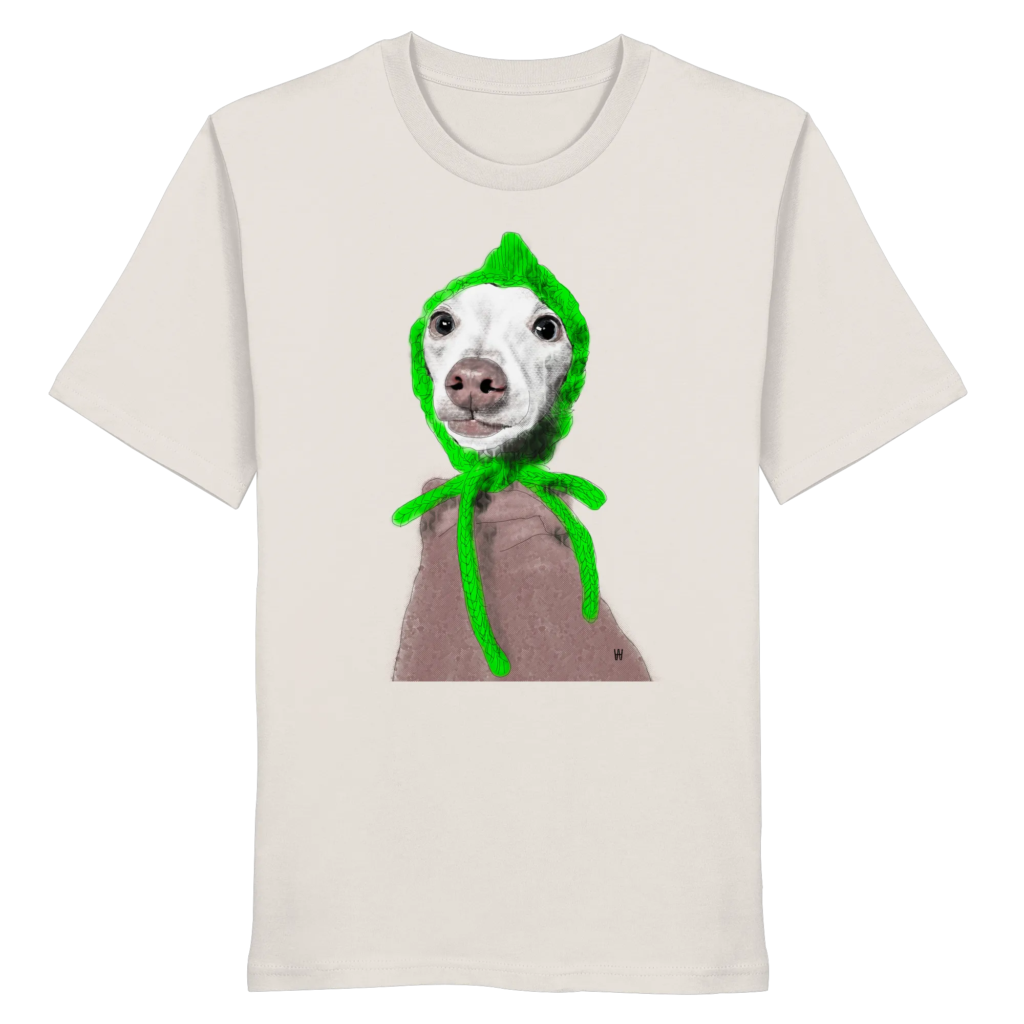 Handgezeichnete Iggy-Illustration "Geduldig" auf einem altweißen Bio-T-Shirt