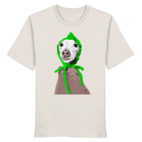 Handgezeichnete Iggy-Illustration "Geduldig" auf einem altweißen Bio-T-Shirt