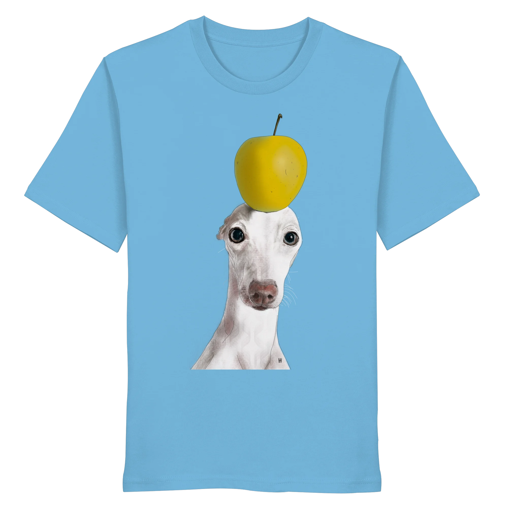 Handgezeichnete Iggy-Illustration Gelassen auf einem Bio-T-Shirt in Wasserblau