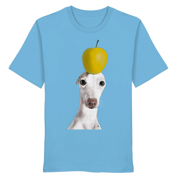 Handgezeichnete Iggy-Illustration Gelassen auf einem Bio-T-Shirt in Wasserblau