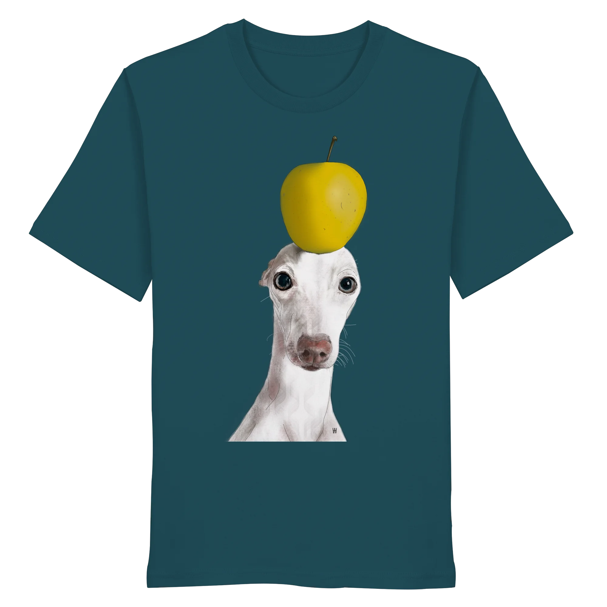 Handgezeichnete Iggy-Illustration Gelassen auf einem Bio-T-Shirt in Petrolgrün