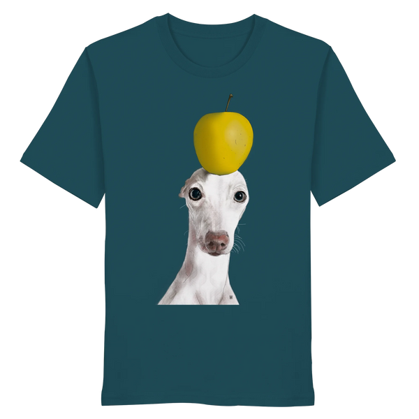 Handgezeichnete Iggy-Illustration Gelassen auf einem Bio-T-Shirt in Petrolgrün