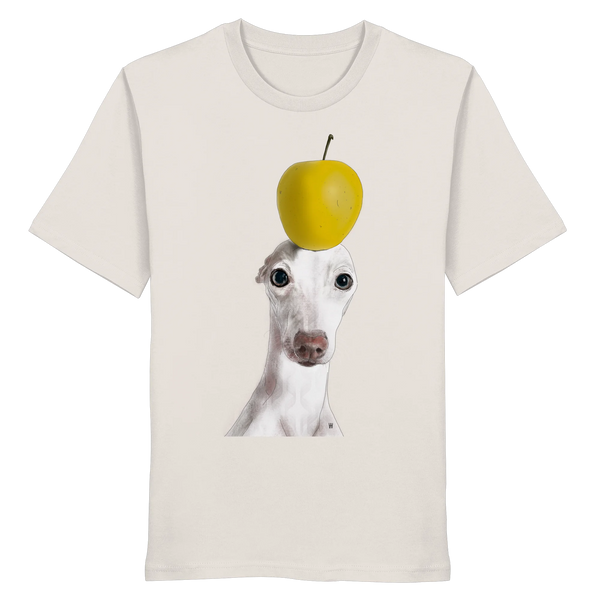 Handgezeichnete Iggy-Illustration Gelassen auf einem Bio-T-Shirt in Altweiß