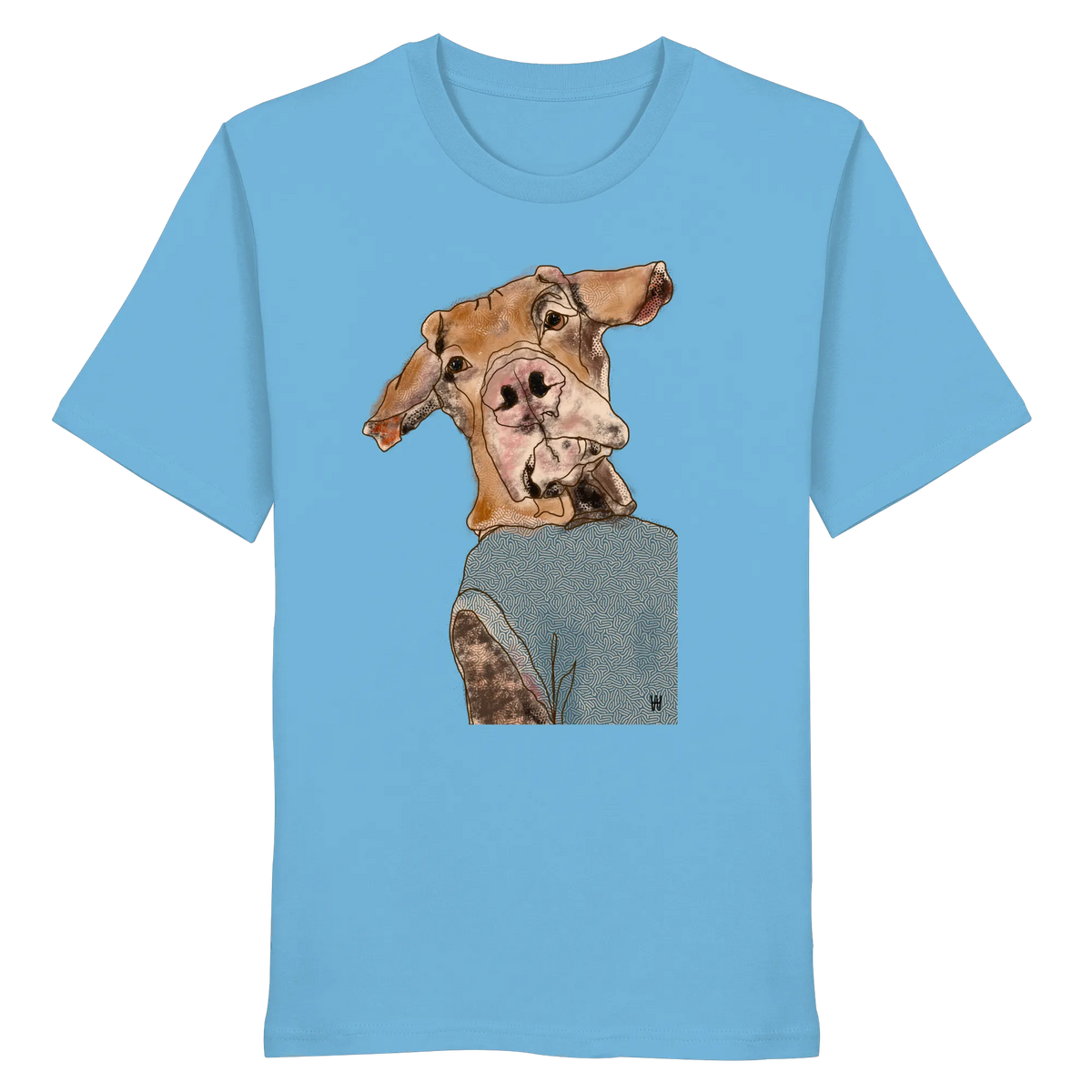 Handgezeichnetes Magyar Vizsla-Motiv Sunny auf einem Bio-T-Shirt in leuchtendem mittelblau