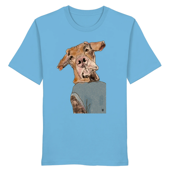 Handgezeichnetes Magyar Vizsla-Motiv Sunny auf einem Bio-T-Shirt in leuchtendem mittelblau