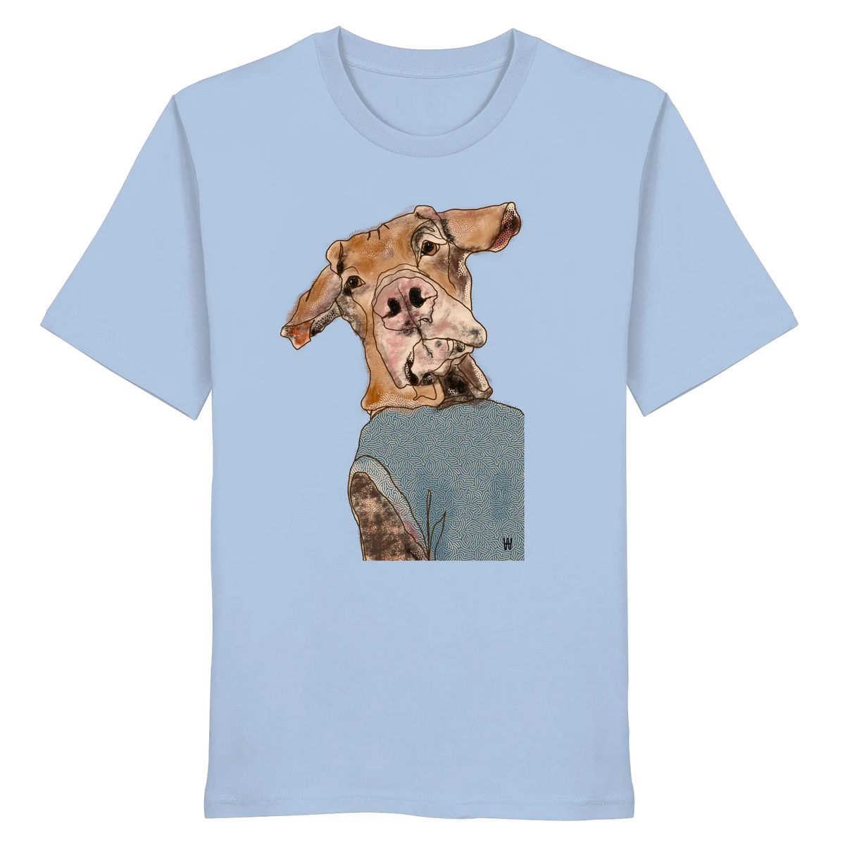 Handgezeichnetes Magyar Vizsla-Motiv Sunny auf einem Bio-T-Shirt in hellblau
