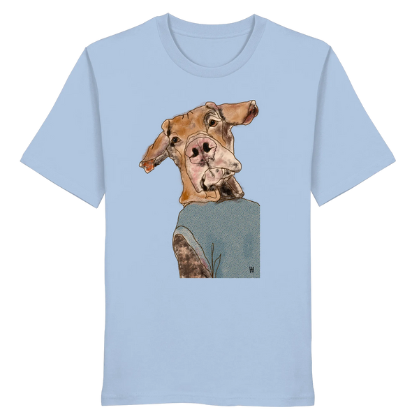Handgezeichnetes Magyar Vizsla-Motiv Sunny auf einem Bio-T-Shirt in hellblau