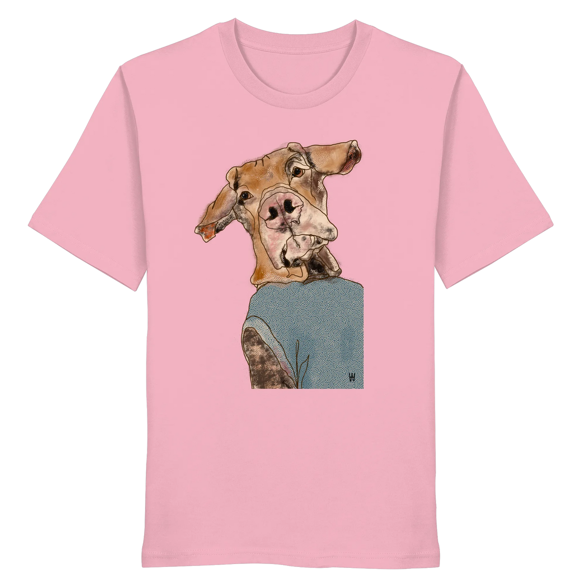 Handgezeichnetes Magyar Vizsla-Motiv Sunny auf einem Bio-T-Shirt in pink
