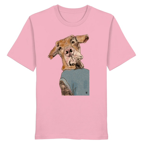 Handgezeichnetes Magyar Vizsla-Motiv Sunny auf einem Bio-T-Shirt in pink