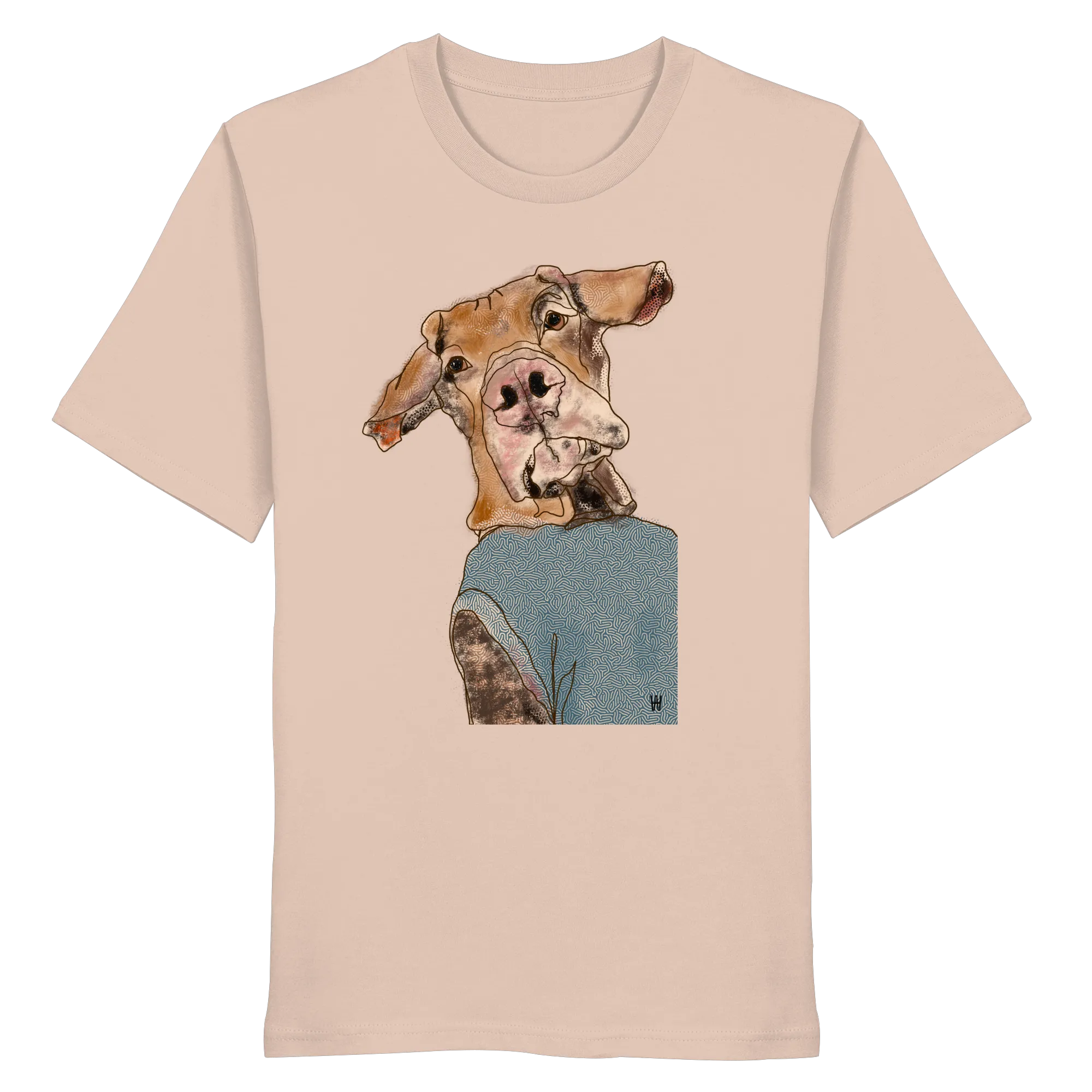 Handgezeichnetes Magyar Vizsla-Motiv Sunny auf einem pfirsichfarbenen Bio-T-Shirt