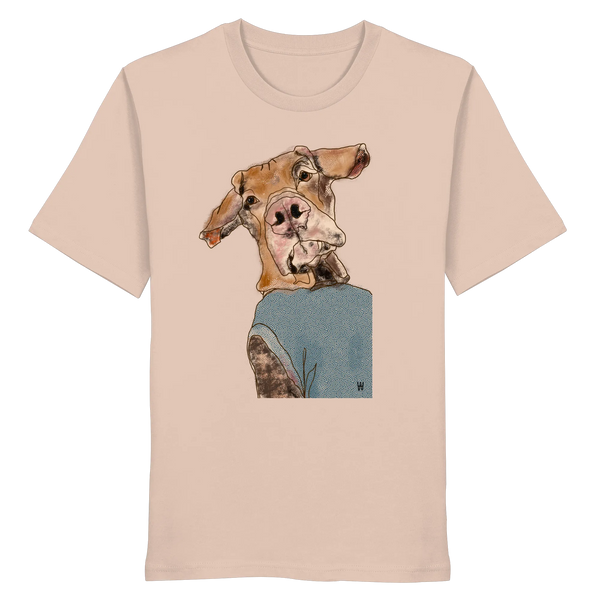 Handgezeichnetes Magyar Vizsla-Motiv Sunny auf einem pfirsichfarbenen Bio-T-Shirt