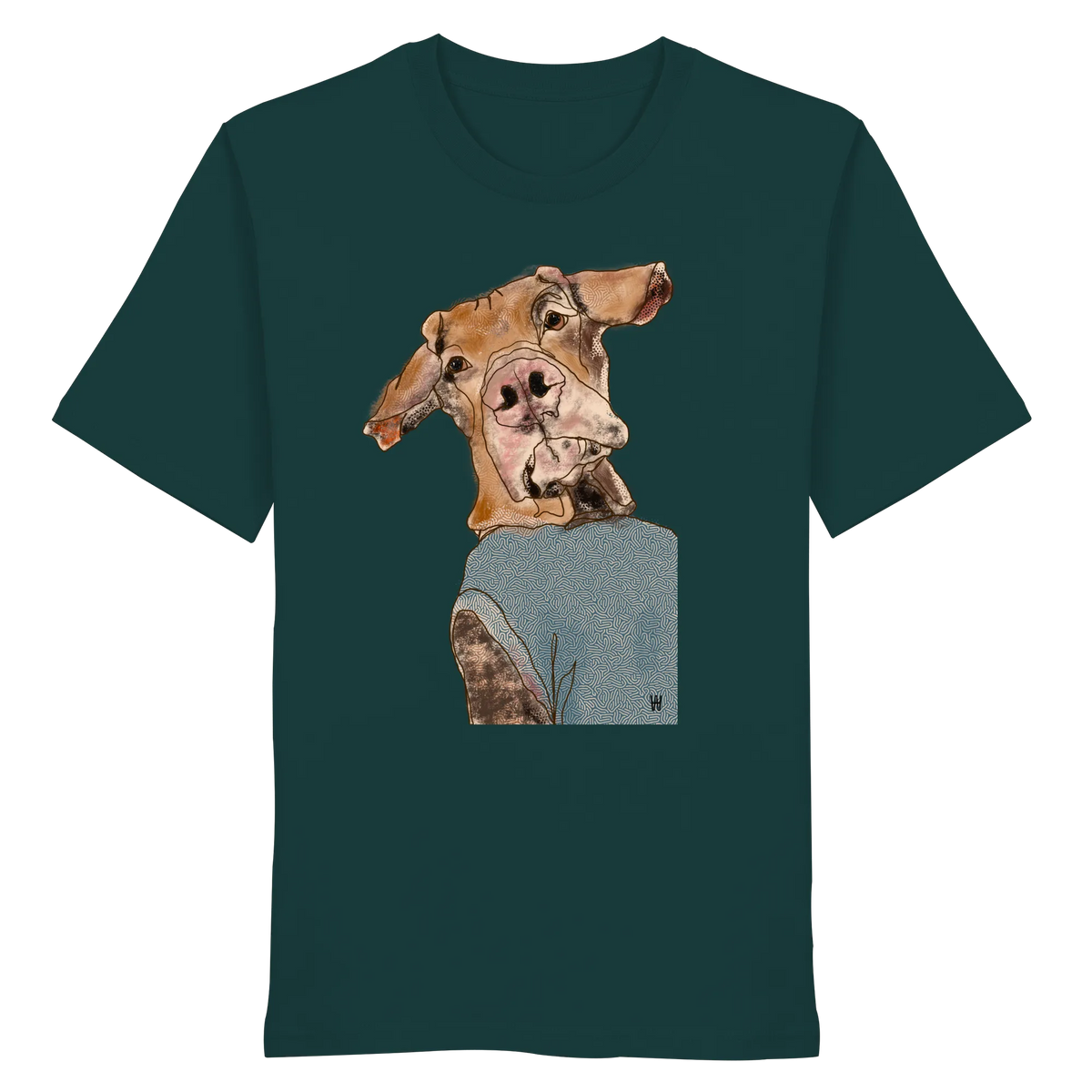 Handgezeichnetes Magyar Vizsla-Motiv Sunny auf einem Bio-T-Shirt in grün