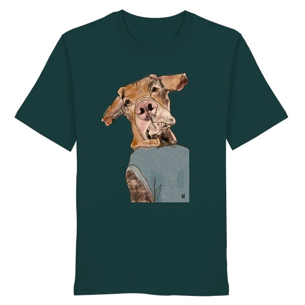 Handgezeichnetes Magyar Vizsla-Motiv Sunny auf einem Bio-T-Shirt in grün