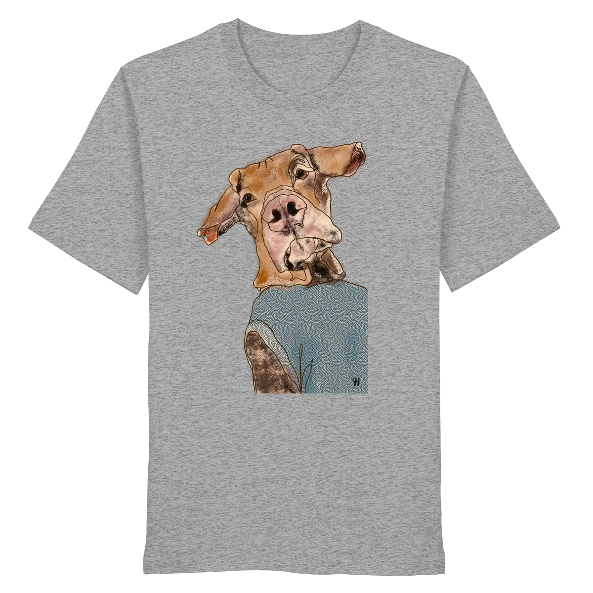Handgezeichnetes Magyar Vizsla-Motiv Sunny auf einem Bio-T-Shirt in heather grey