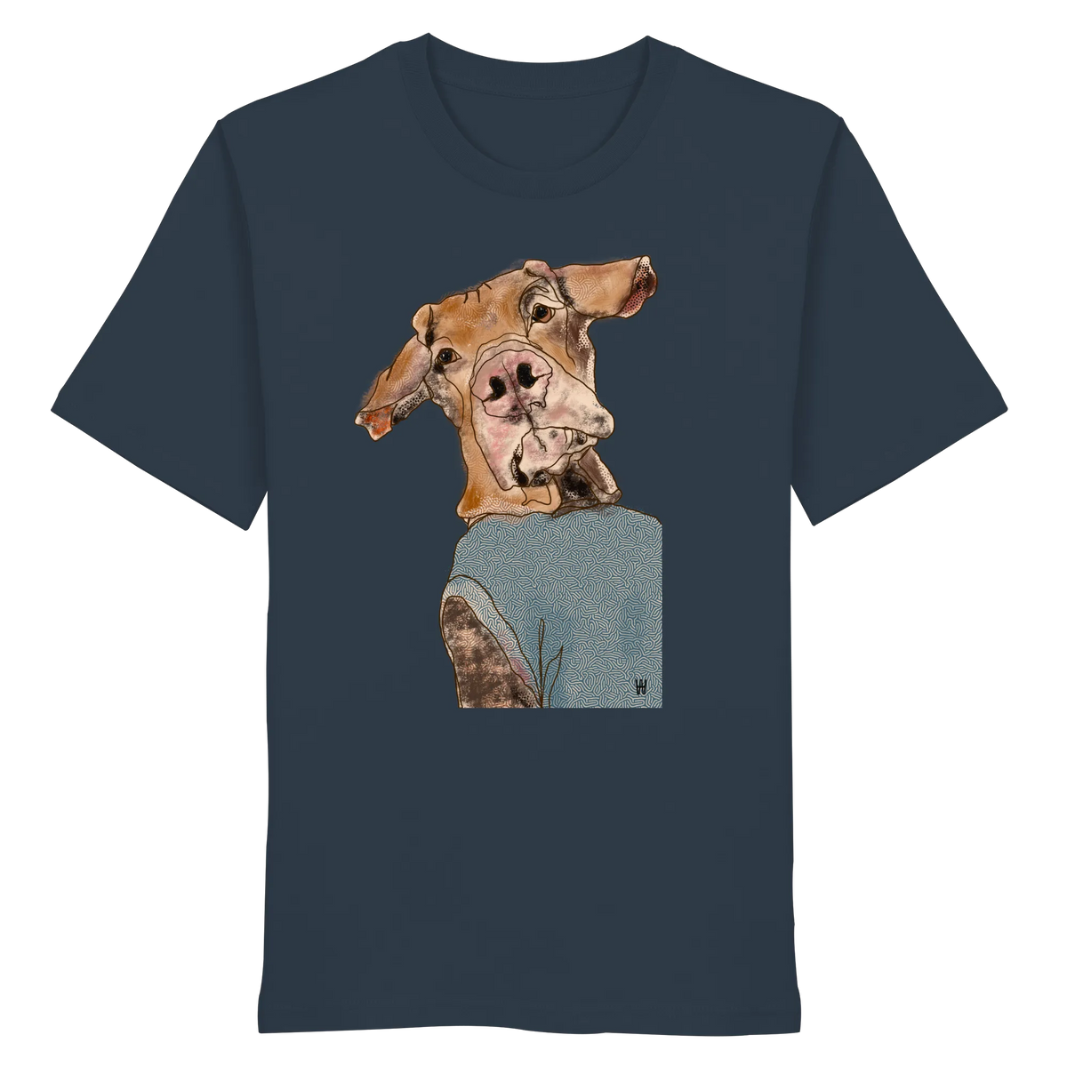 Handgezeichnetes Magyar Vizsla-Motiv Sunny auf einem Bio-T-Shirt in blaugrau