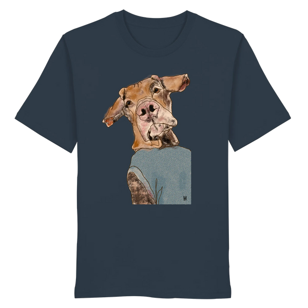 Handgezeichnetes Magyar Vizsla-Motiv Sunny auf einem Bio-T-Shirt in blaugrau