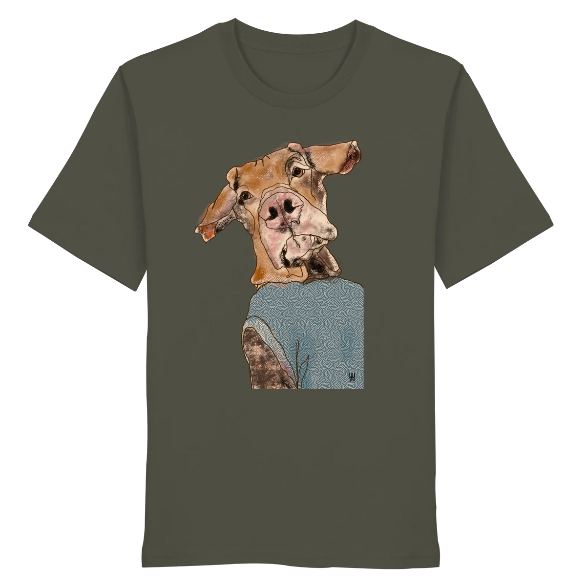 Handgezeichnetes Magyar Vizsla-Motiv Sunny auf einem Bio-T-Shirt in khaki