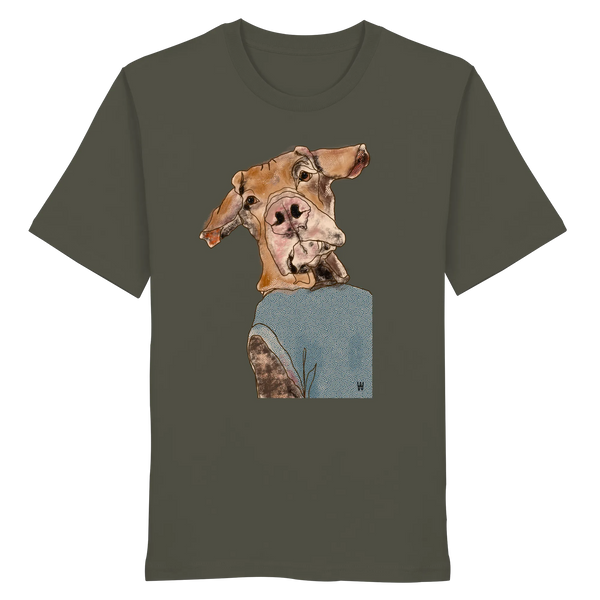 Handgezeichnetes Magyar Vizsla-Motiv Sunny auf einem Bio-T-Shirt in khaki