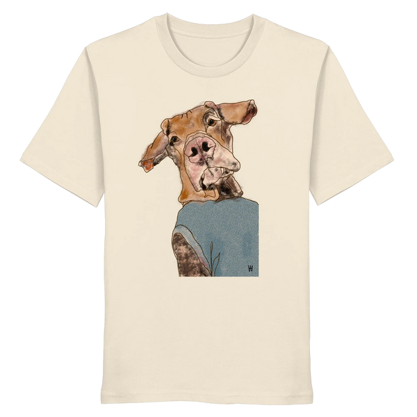 Handgezeichnetes Magyar Vizsla-Motiv Sunny auf einem Bio-T-Shirt in cremeweiß