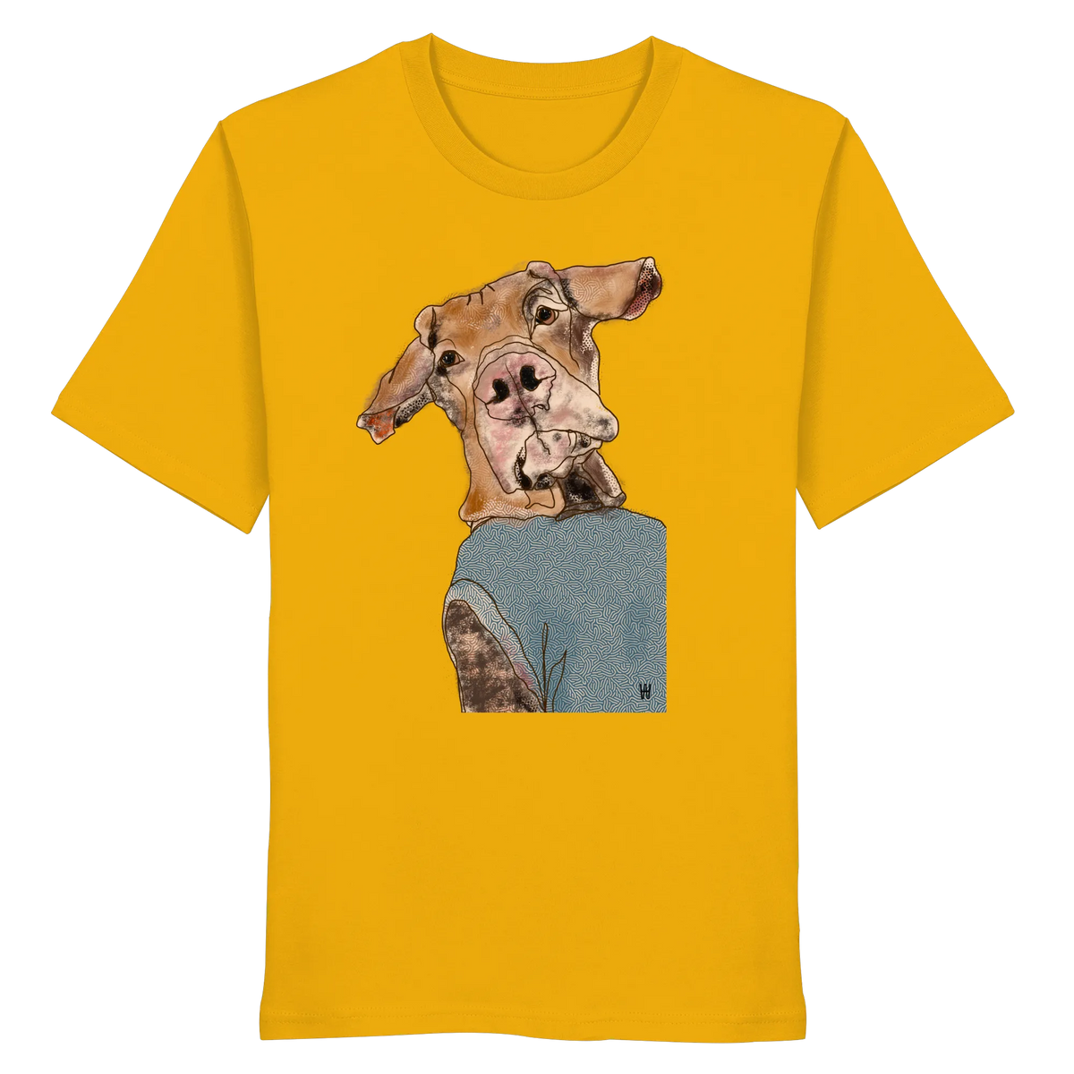 Handgezeichnetes Magyar Vizsla-Motiv Sunny auf einem Bio-T-Shirt in sonnengelb