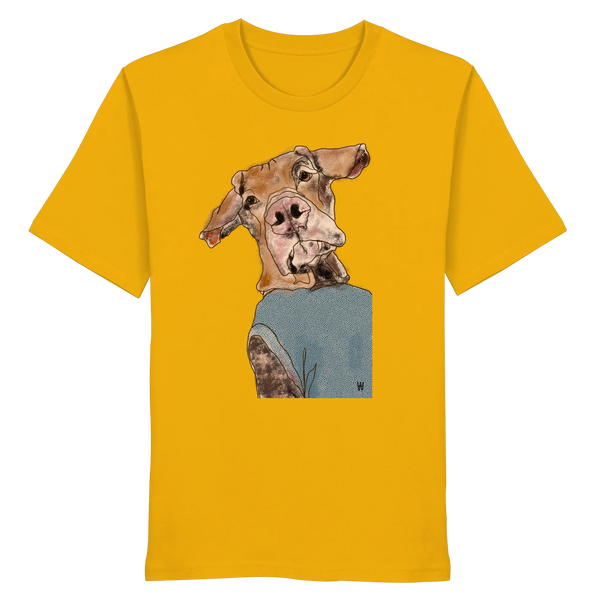 Handgezeichnetes Magyar Vizsla-Motiv Sunny auf einem Bio-T-Shirt in sonnengelb