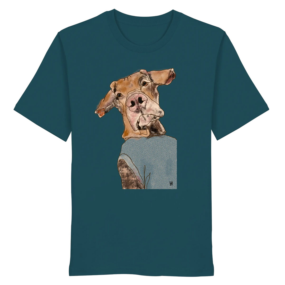 Handgezeichnetes Magyar Vizsla-Motiv Sunny auf einem Bio-T-Shirt in petrol