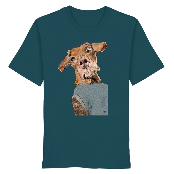 Handgezeichnetes Magyar Vizsla-Motiv Sunny auf einem Bio-T-Shirt in petrol
