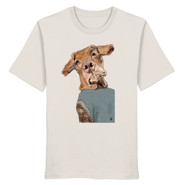 Handgezeichnetes Magyar Vizsla-Motiv Sunny auf einem altweißen Bio-T-Shirt