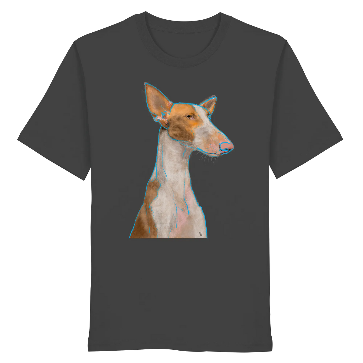 Handgezeichnete Podenco-Illustration "Bedächtig" auf einem dunkelgrauen Bio-T-Shirt