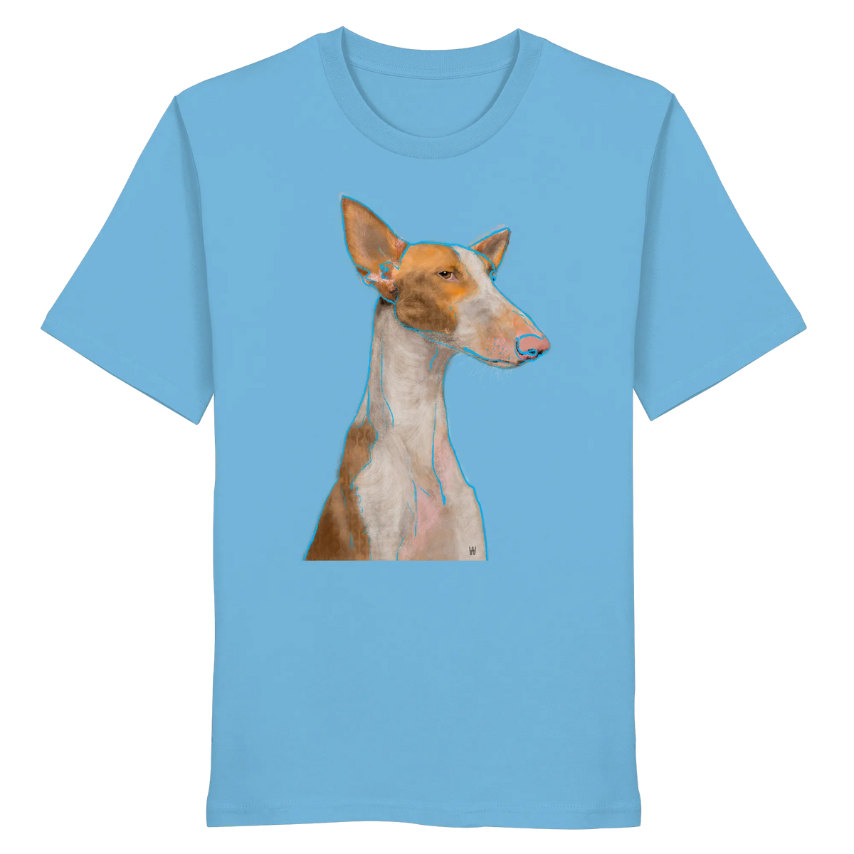 Handgezeichnete Podenco-Illustration "Bedächtig" auf einem wasserblauen Bio-T-Shirt