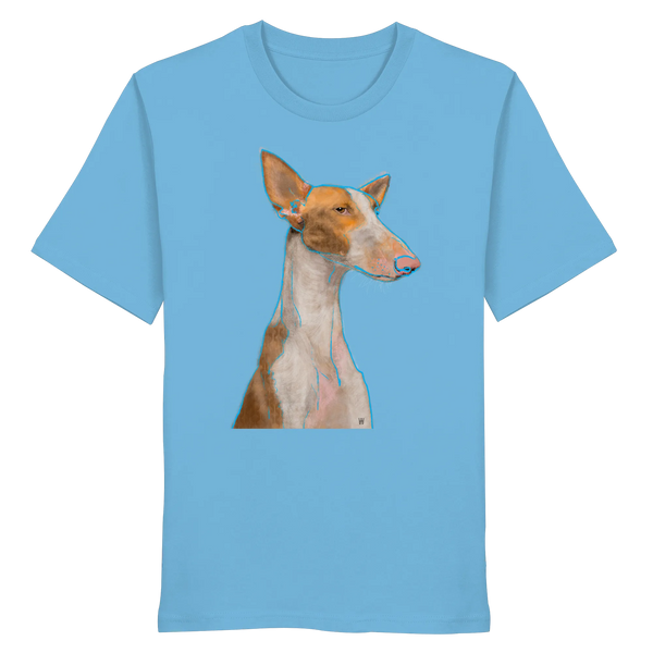 Handgezeichnete Podenco-Illustration "Bedächtig" auf einem wasserblauen Bio-T-Shirt