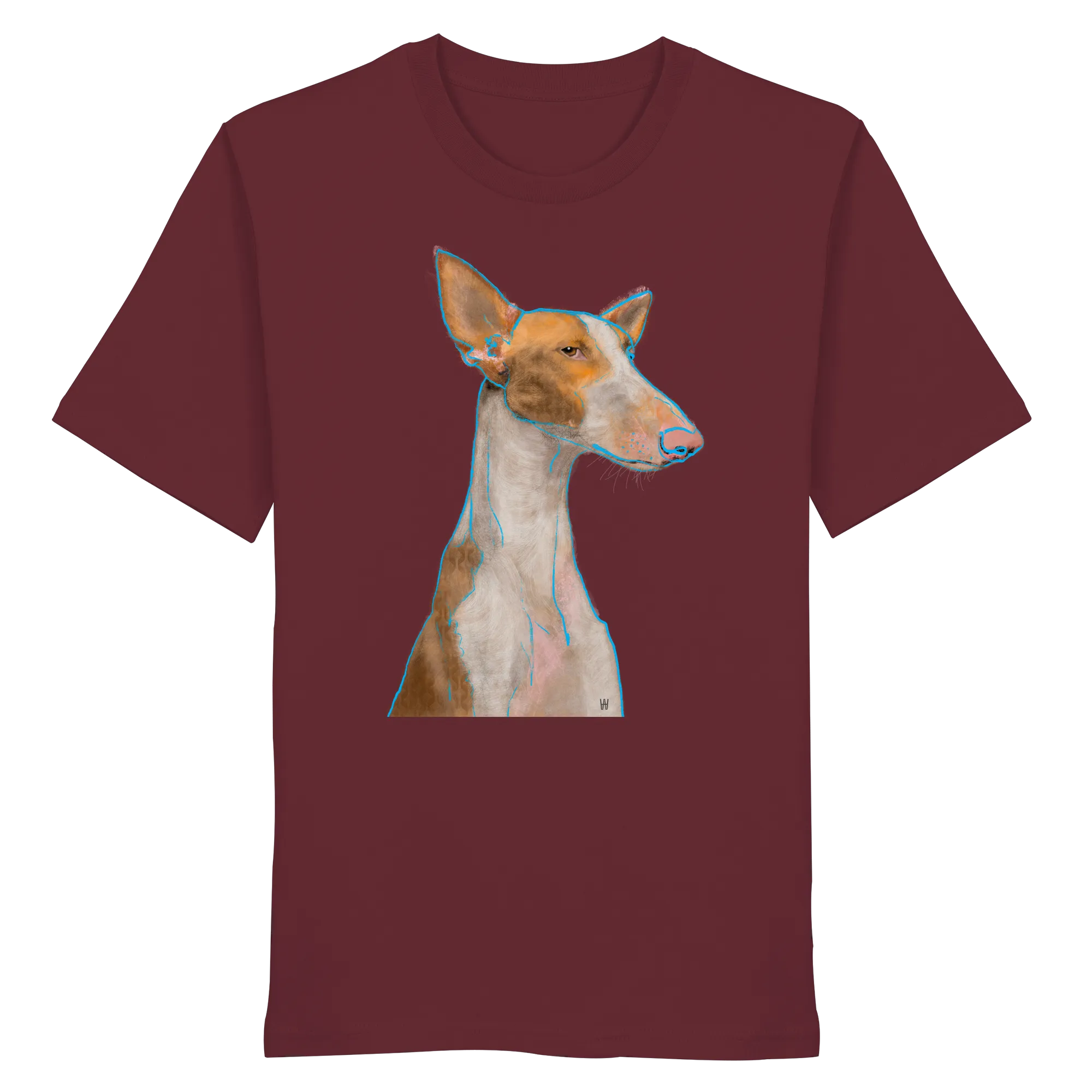 Handgezeichnete Podenco-Illustration "Bedächtig" auf einem weinroten Bio-T-Shirt