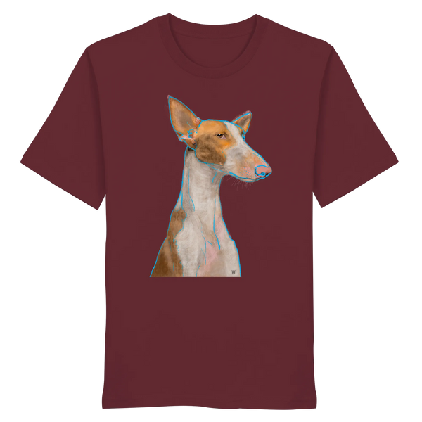 Handgezeichnete Podenco-Illustration "Bedächtig" auf einem weinroten Bio-T-Shirt