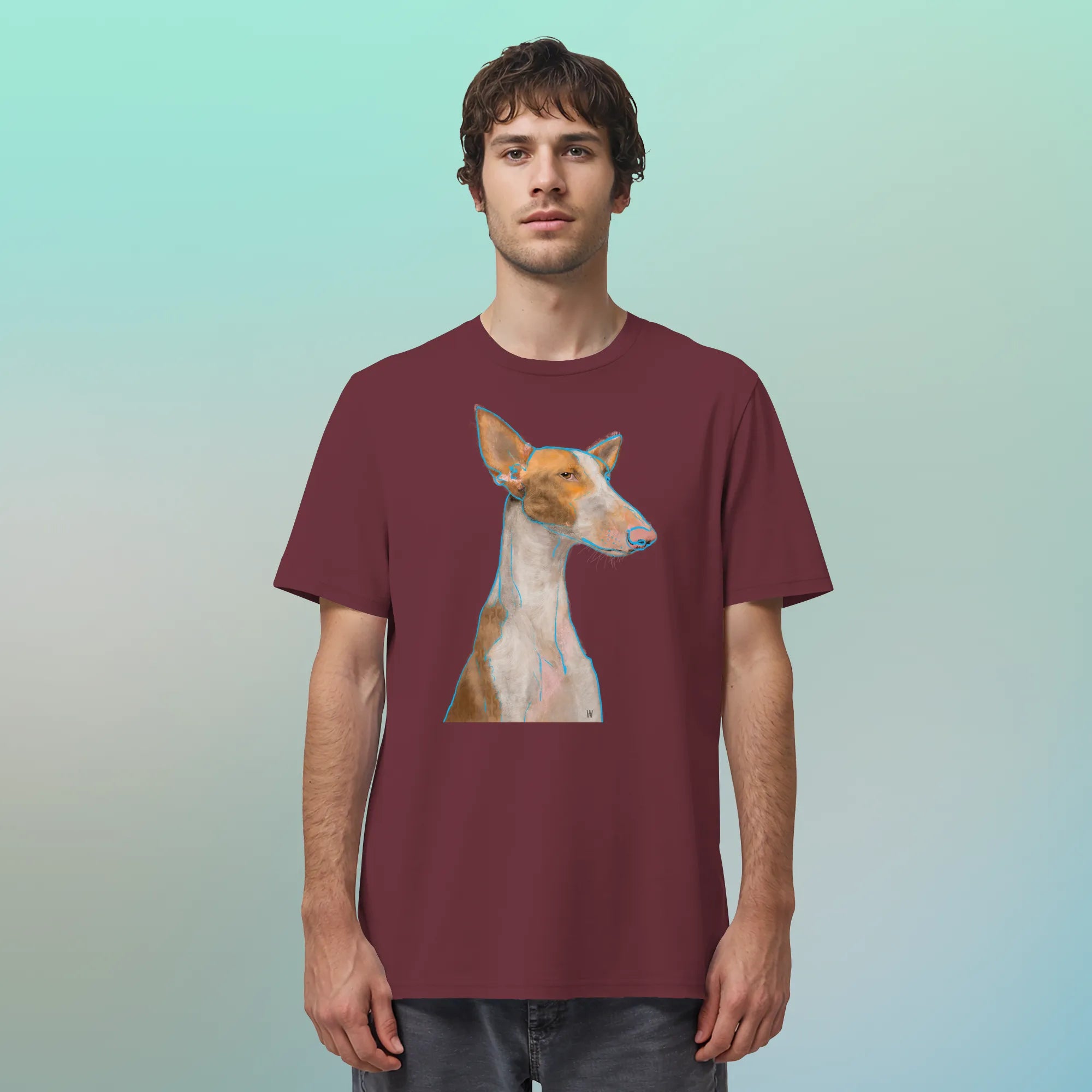 Ein  männliches Model trägt die handgezeichnete Podenco-Illustration "Bedächtig" auf einem weinroten Bio-T-Shirt.