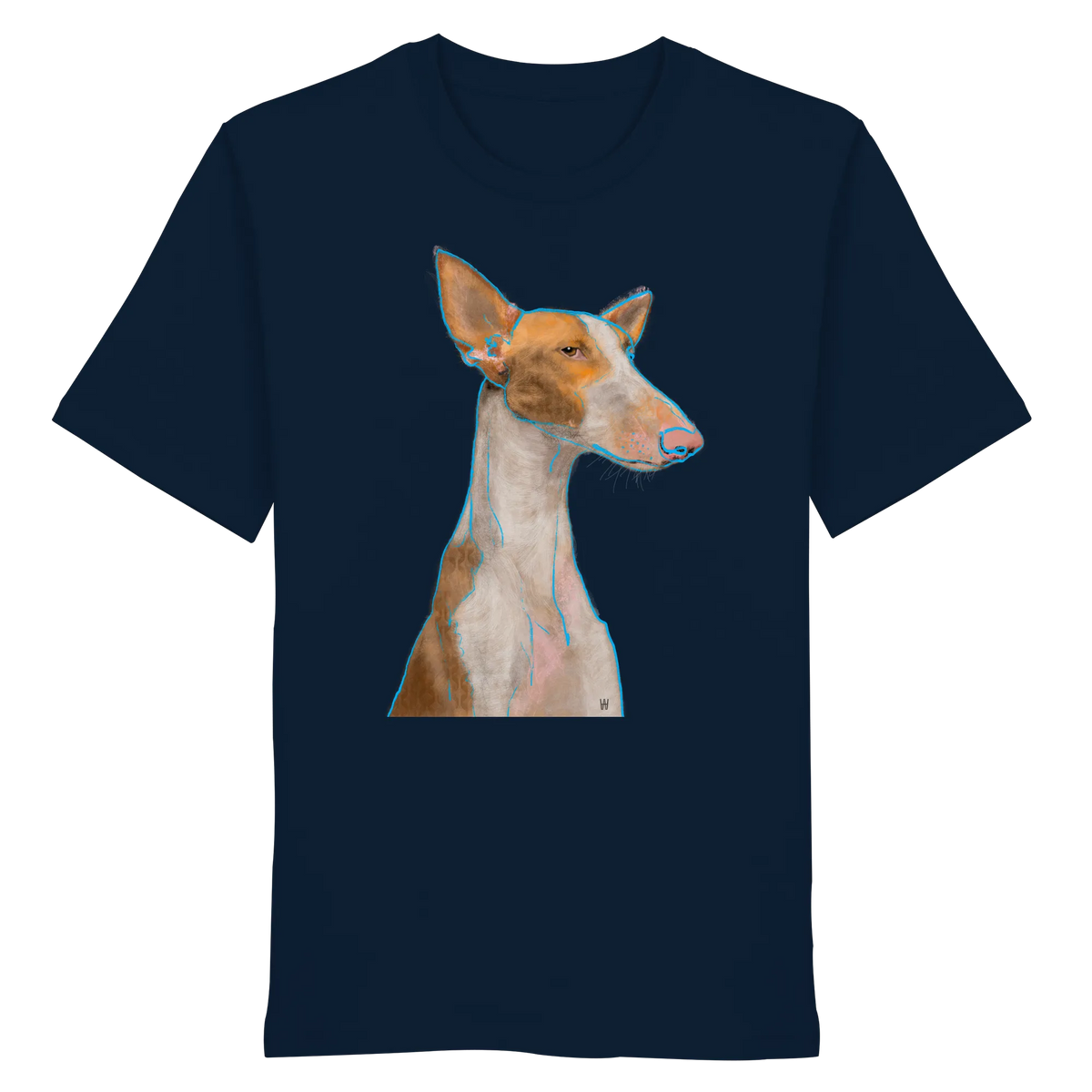 Handgezeichnete Podenco-Illustration "Bedächtig" auf einem navyblauen Bio-T-Shirt