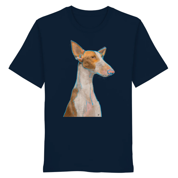 Handgezeichnete Podenco-Illustration "Bedächtig" auf einem navyblauen Bio-T-Shirt