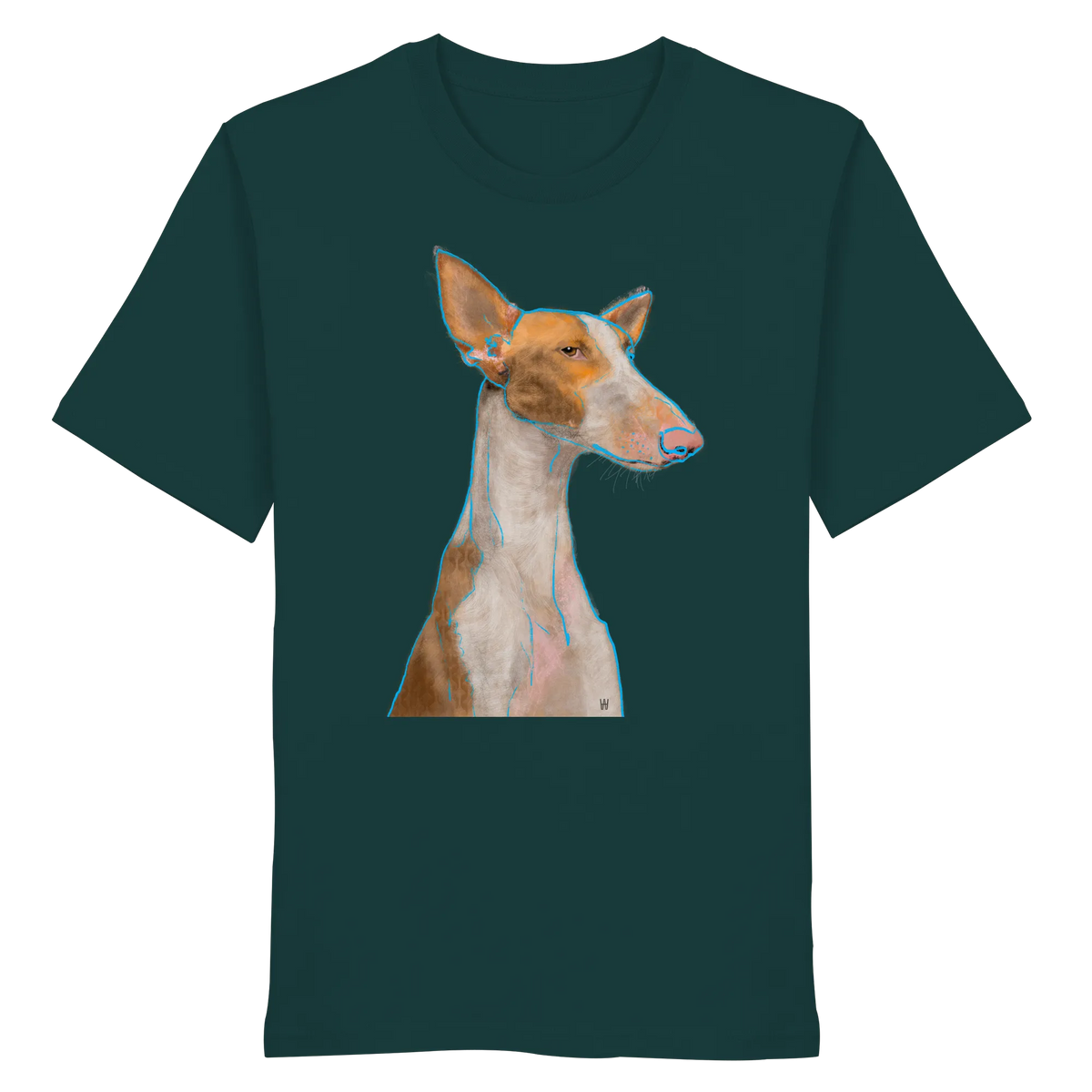 Handgezeichnete Podenco-Illustration "Bedächtig" auf einem dunkelgrünen Bio-T-Shirt