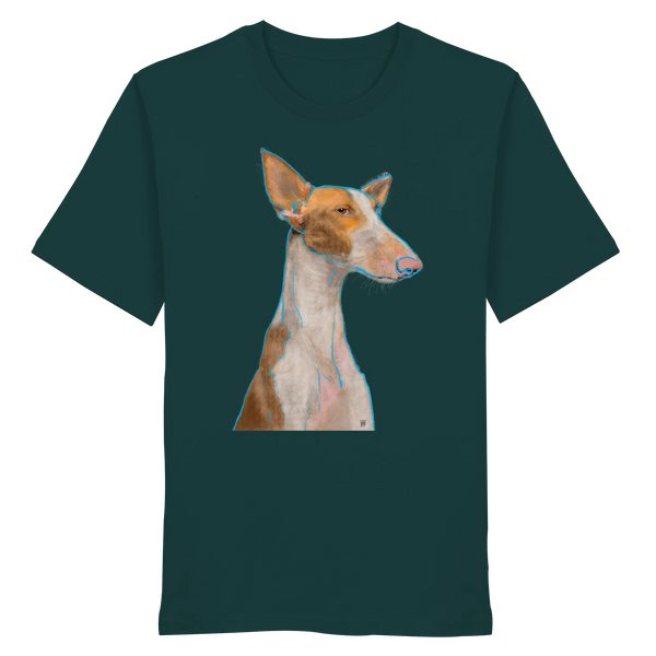 Handgezeichnete Podenco-Illustration "Bedächtig" auf einem dunkelgrünen Bio-T-Shirt