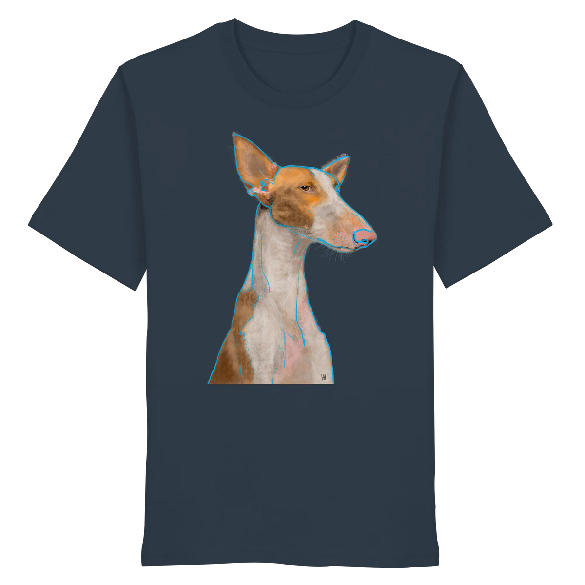 Handgezeichnete Podenco-Illustration "Bedächtig" auf einem graublauen Bio-T-Shirt