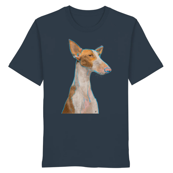 Handgezeichnete Podenco-Illustration "Bedächtig" auf einem graublauen Bio-T-Shirt