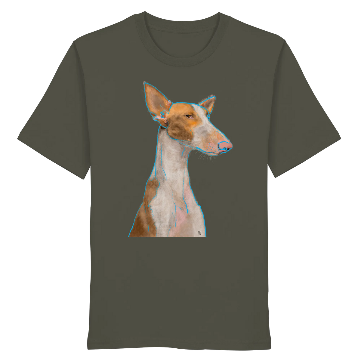 Handgezeichnete Podenco-Illustration "Bedächtig" auf einem khakifarbenen Bio-T-Shirt