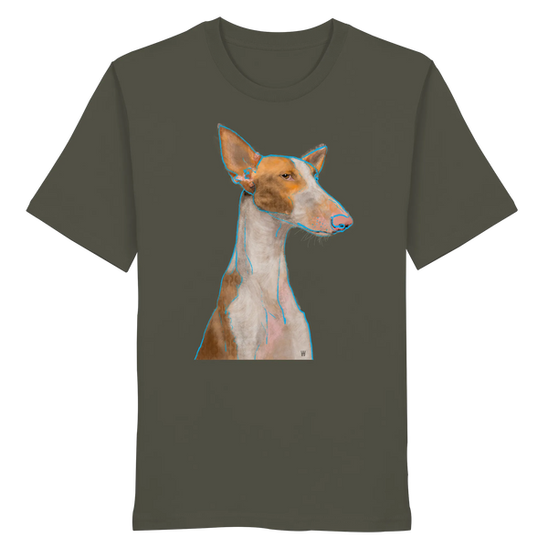 Handgezeichnete Podenco-Illustration "Bedächtig" auf einem khakifarbenen Bio-T-Shirt