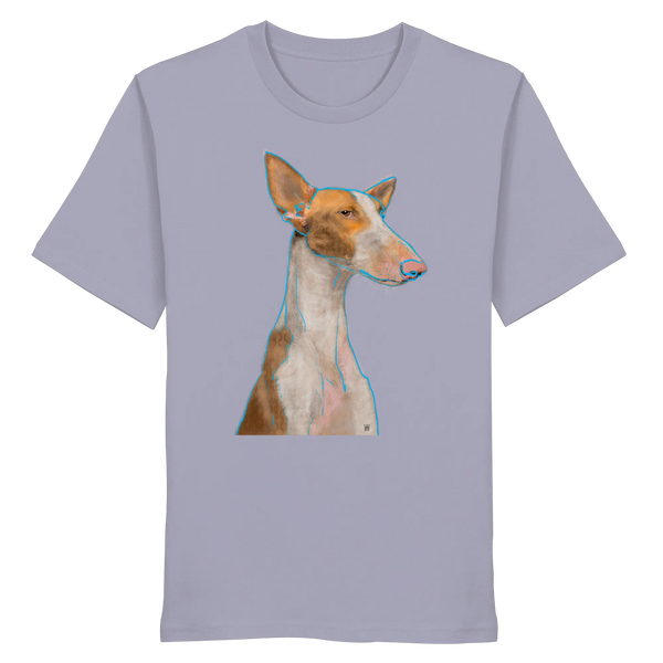 Handgezeichnete Podenco-Illustration "Bedächtig" auf einem lila Bio-T-Shirt